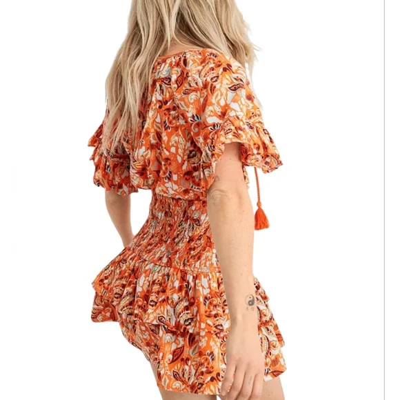 NWT Aerie Smocked Waist Mini Dress Orange Floral Tiered Ruffle Hem 100% Cotton M - Picture 2 of 16